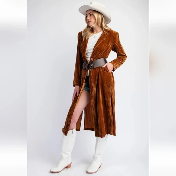 New Easel Camel Ice Velvet Maxi Coat - Picture 3 of 5